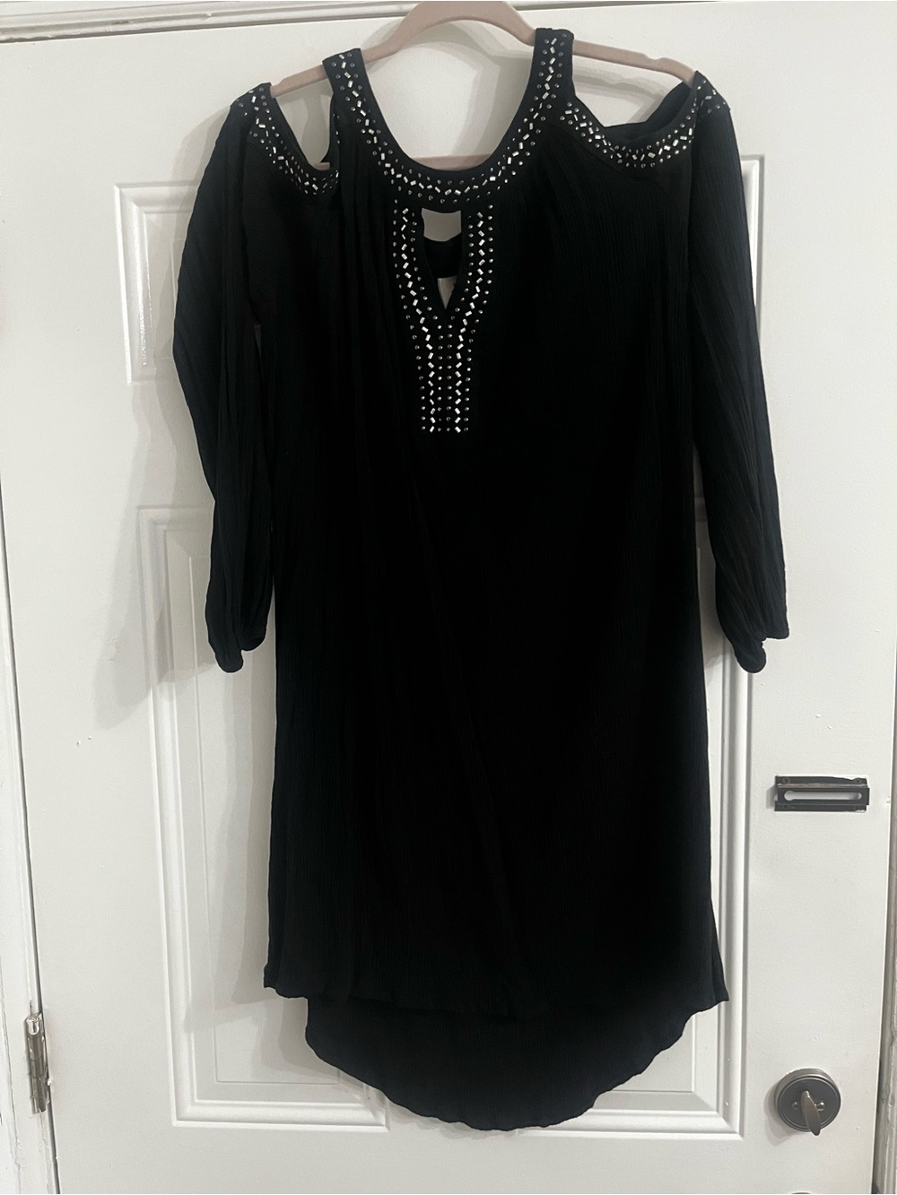 Knox Rose Black Cold-Shoulder High-Low Dress with Studded Neckline